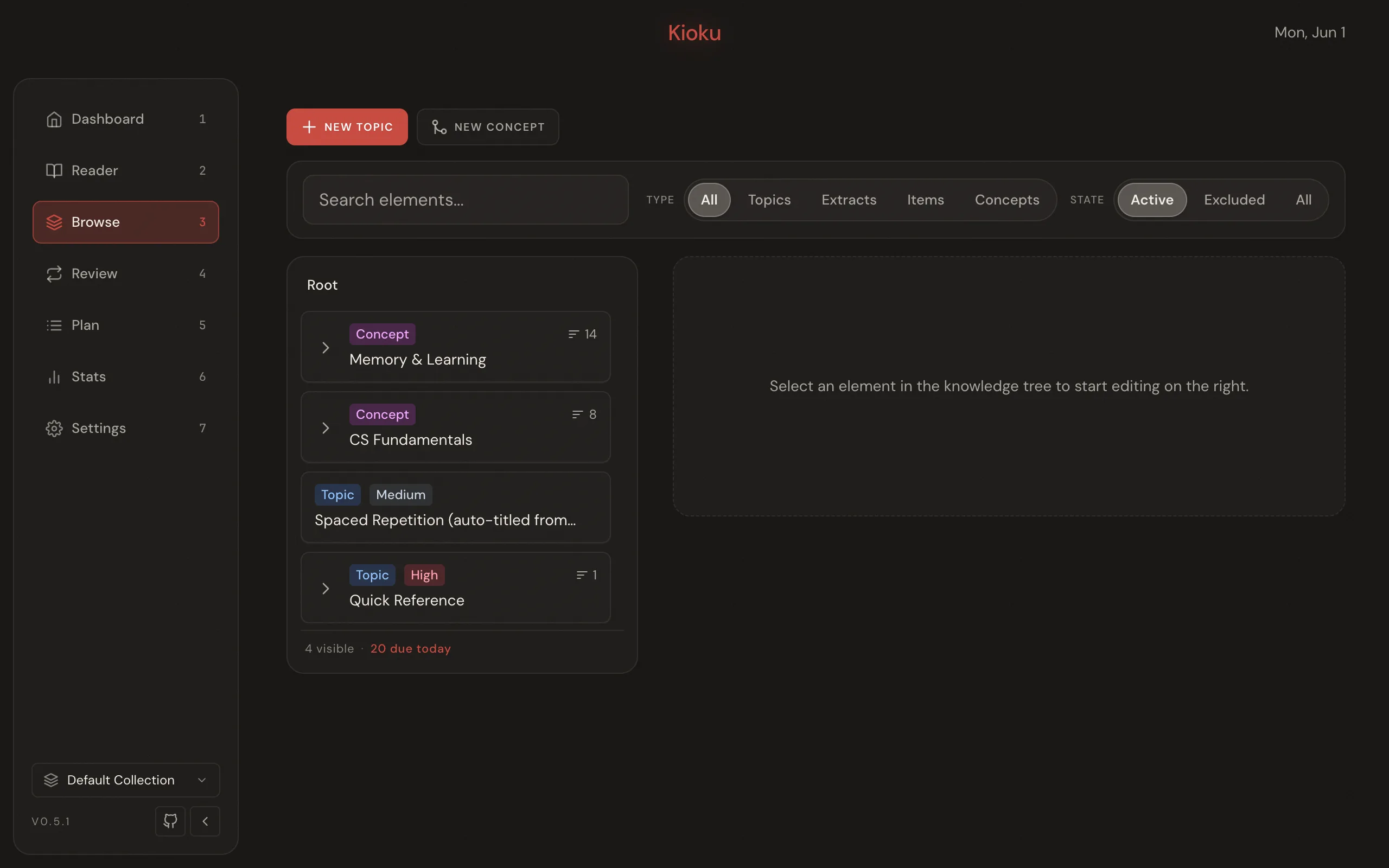 The Browse page: a tree of Topics, Extracts, and Items on the left with an editor and a details panel on the right.
