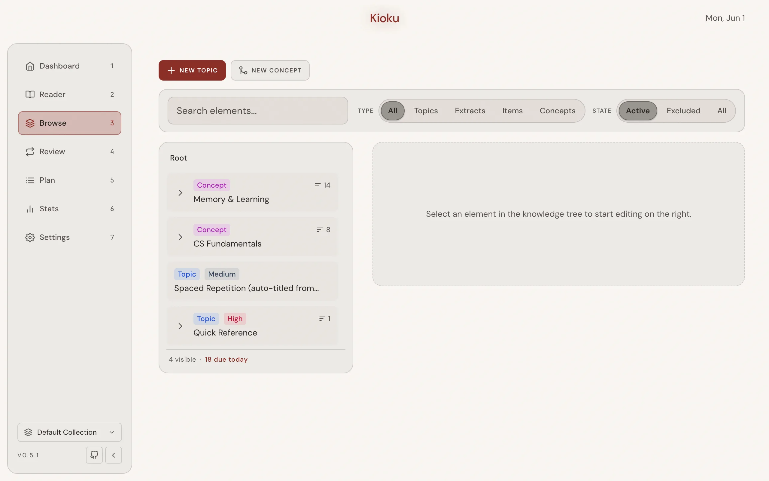 The Browse page: a tree of Topics, Extracts, and Items on the left with an editor and a details panel on the right.