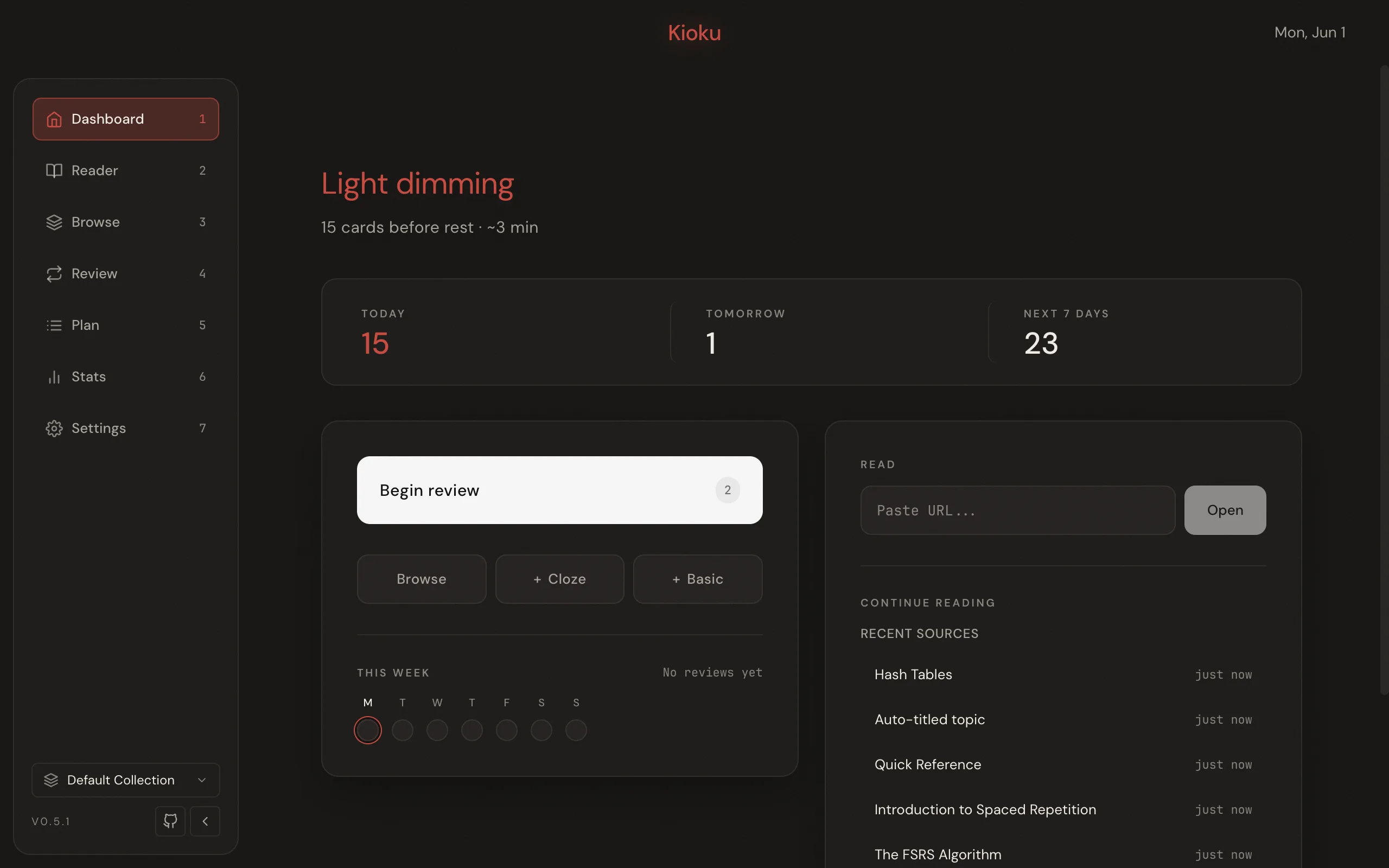 The Dashboard, the page Kioku opens on, showing your due-card forecast and the Begin review button.