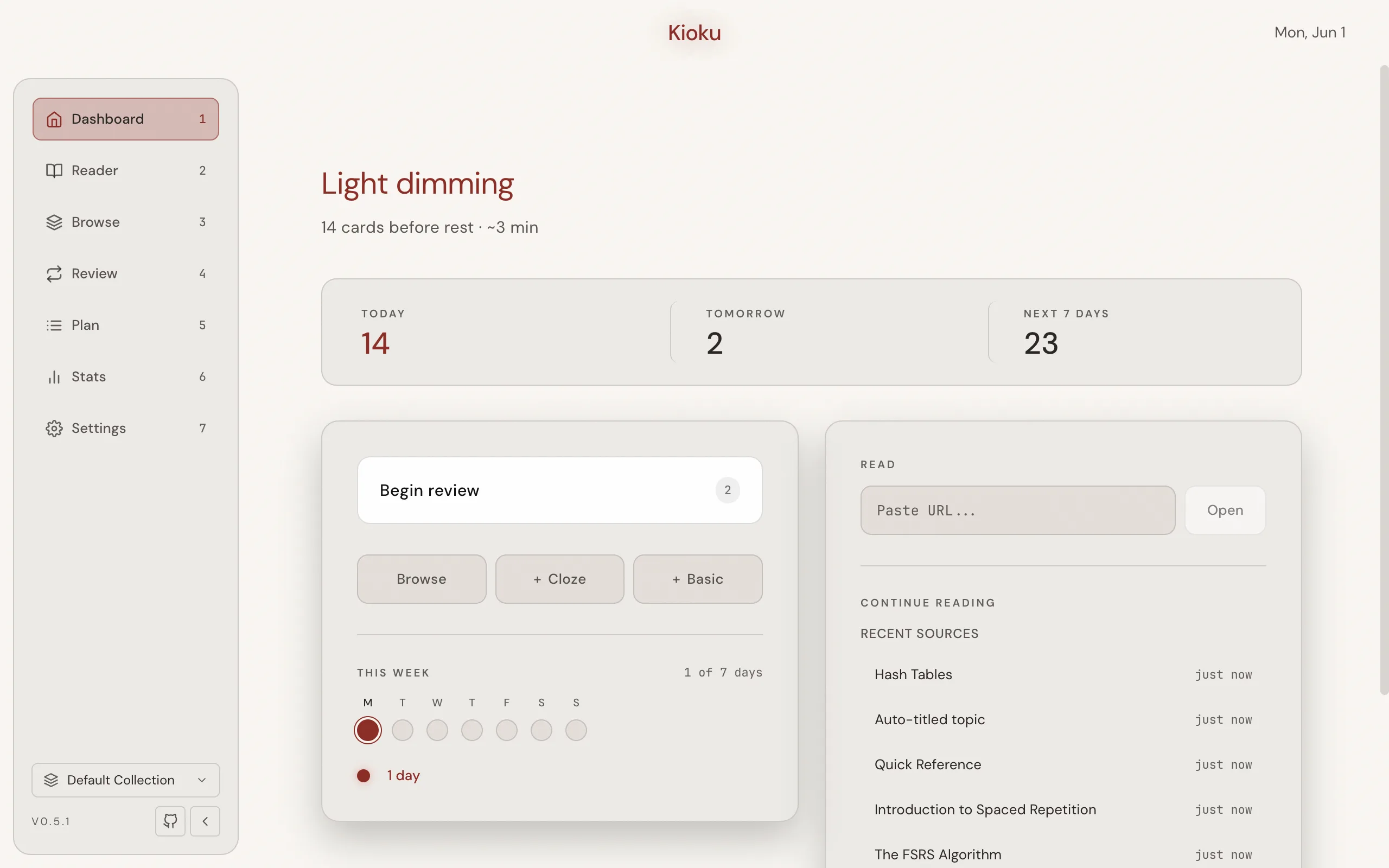 The Dashboard, the page Kioku opens on, showing your due-card forecast and the Begin review button.