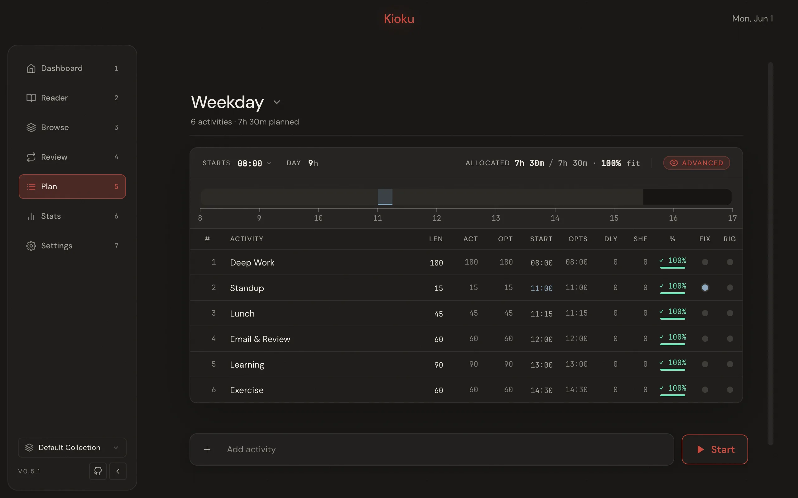 The Plan page showing the Weekday template's schedule table of activities with the timeline and a Start button.
