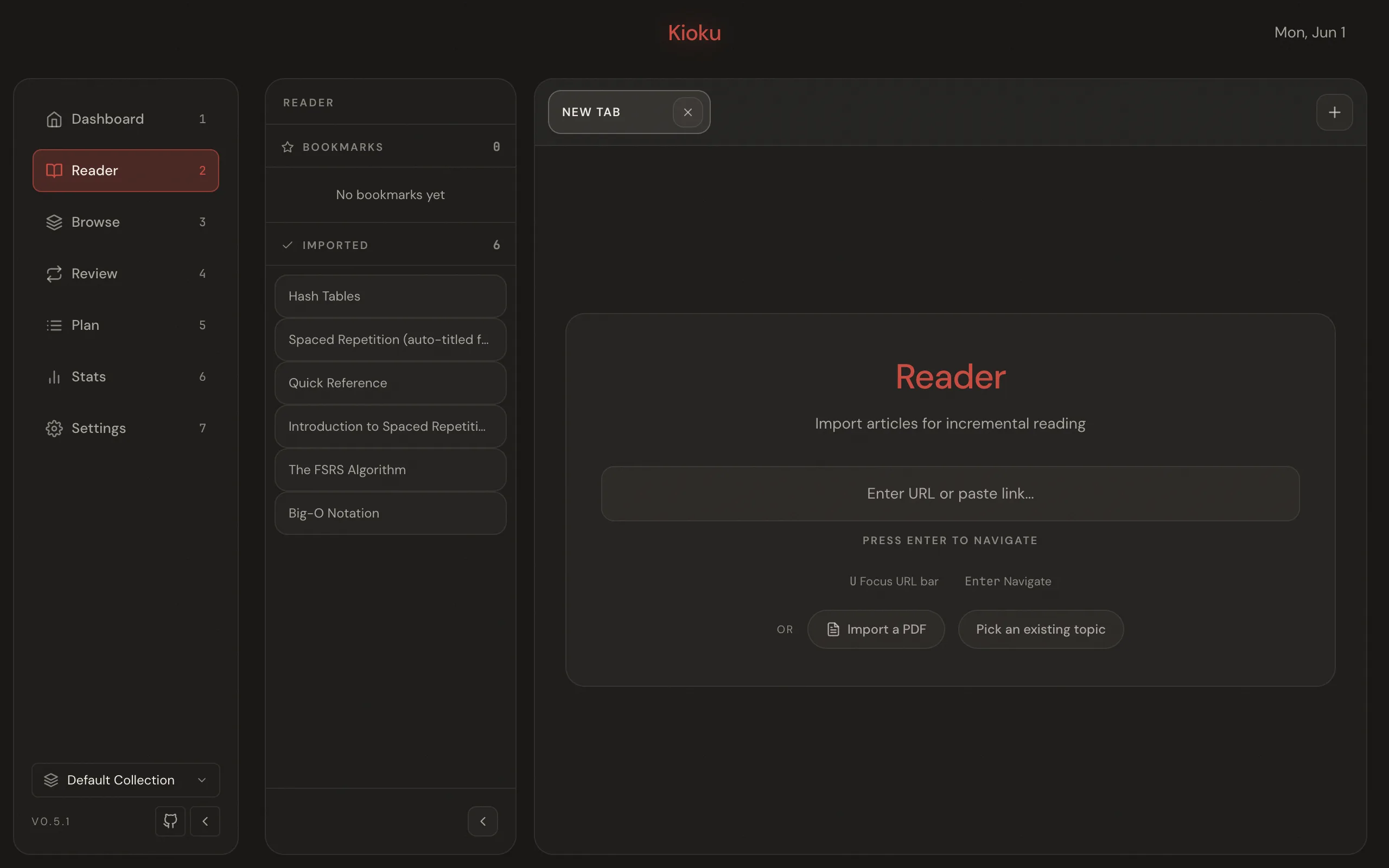 The Reader with a URL bar and a toolbar offering navigation, Import, bookmark, and the Extract and Cloze actions.