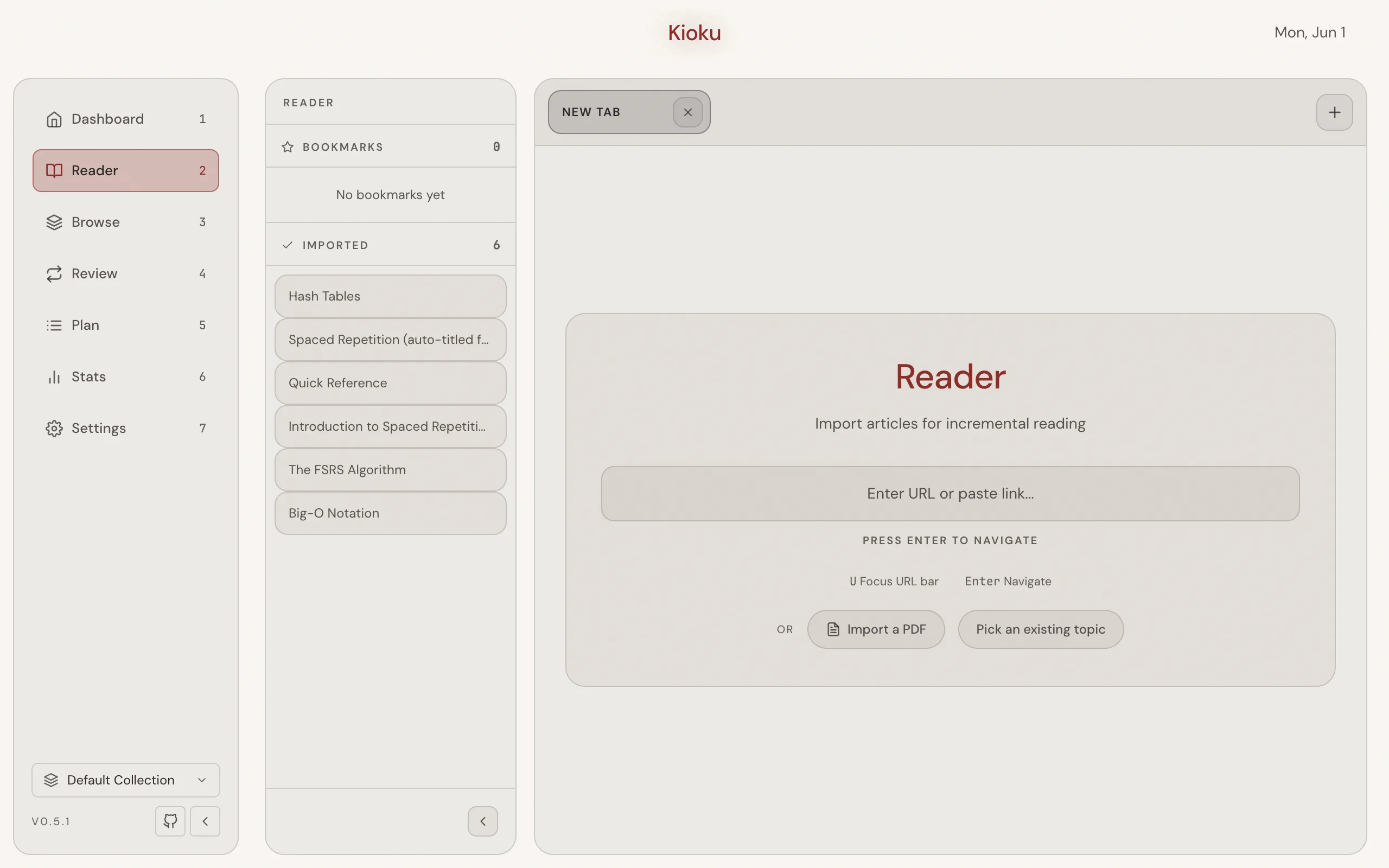 The Reader with a URL bar and a toolbar offering navigation, Import, bookmark, and the Extract and Cloze actions.