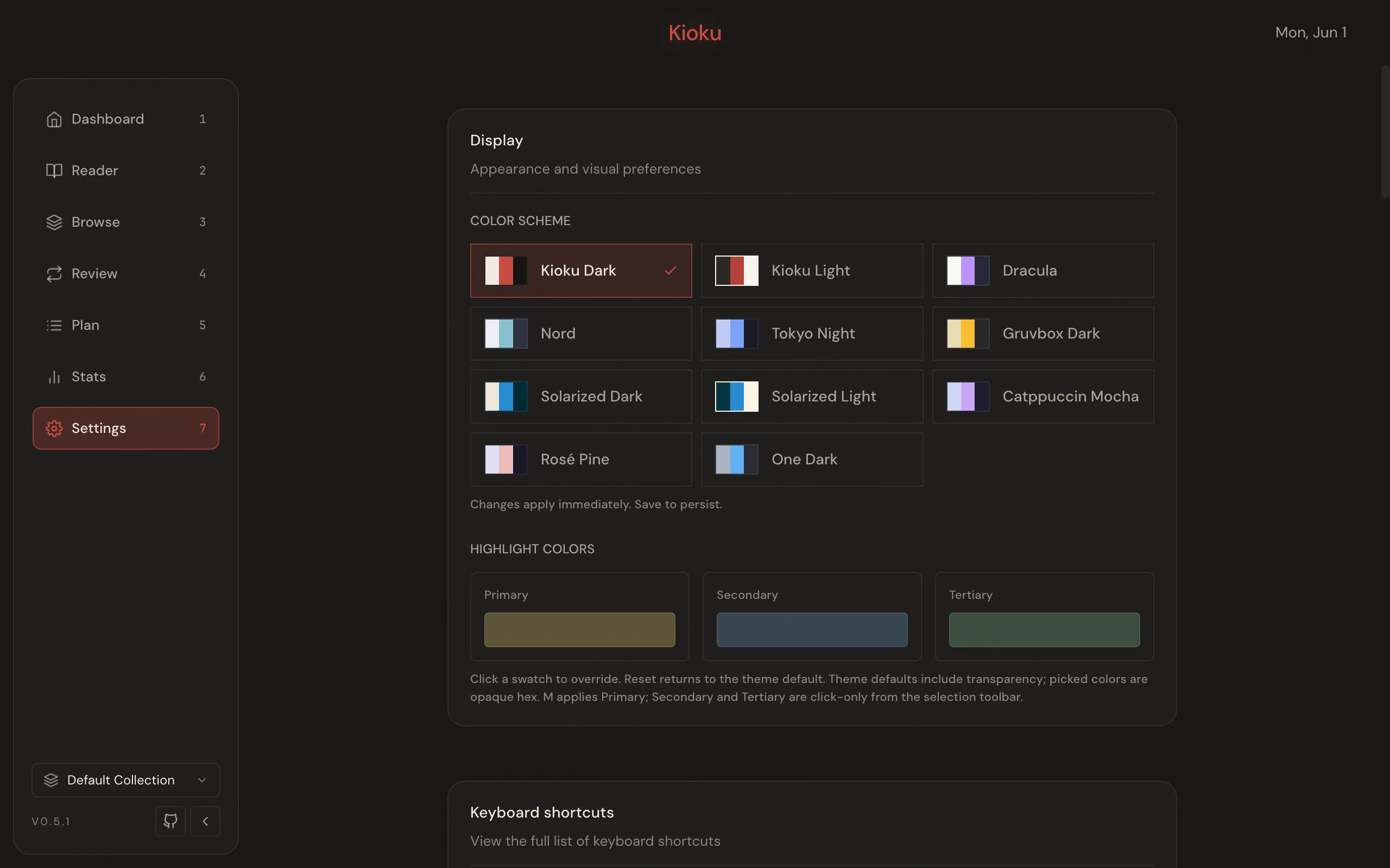 The Settings page Display section with the color-scheme picker and highlight colors.