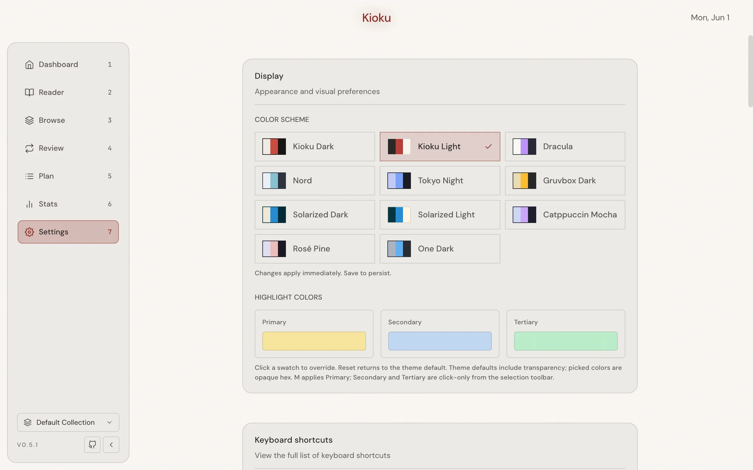 The Settings page Display section with the color-scheme picker and highlight colors.