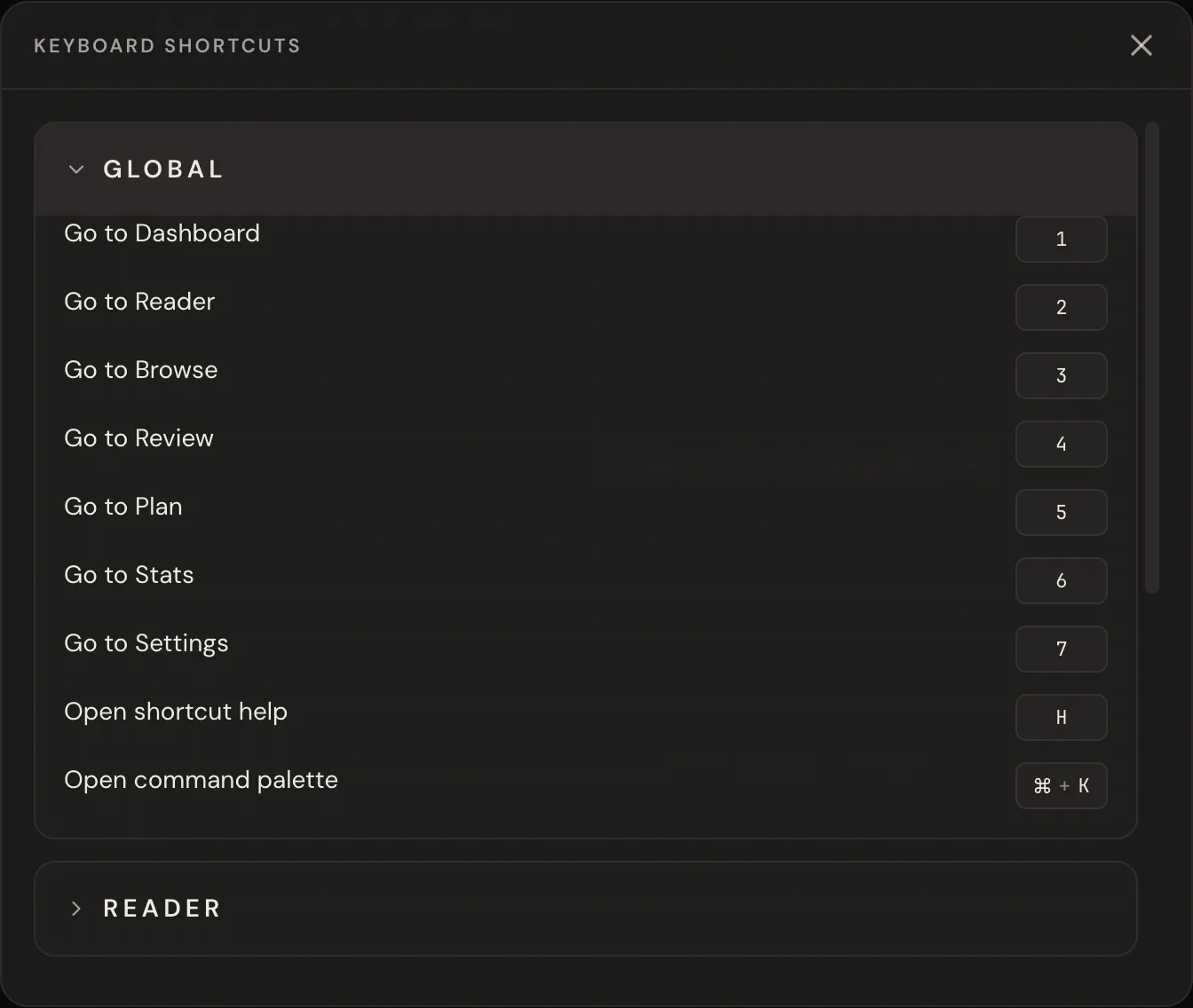 The Keyboard Shortcuts modal with the Global section expanded, listing each action and its key chip.
