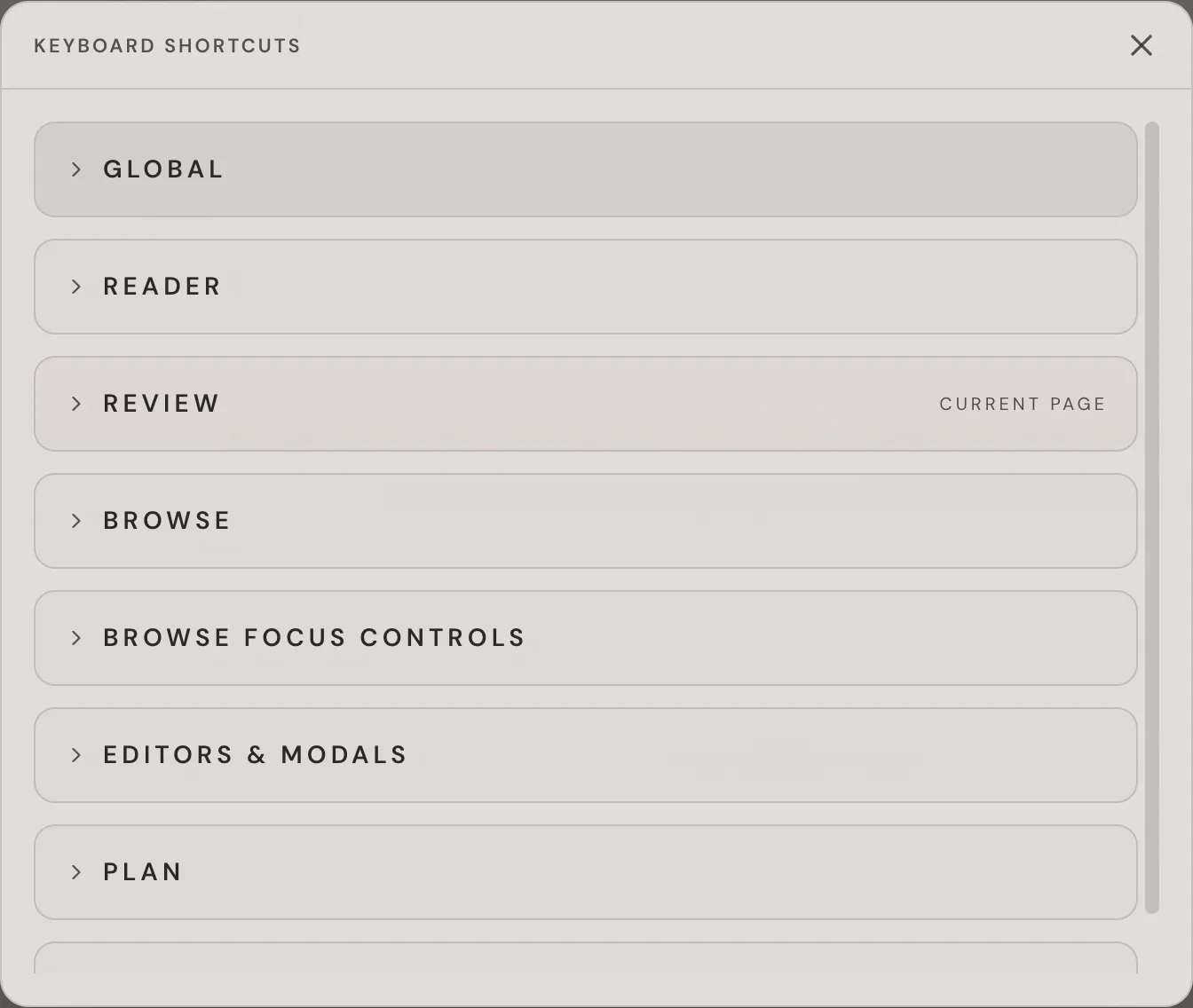 The Keyboard Shortcuts modal with the Global section expanded, listing each action and its key chip.